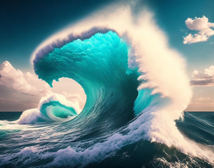 Majestic turquoise wave curling against serene sky