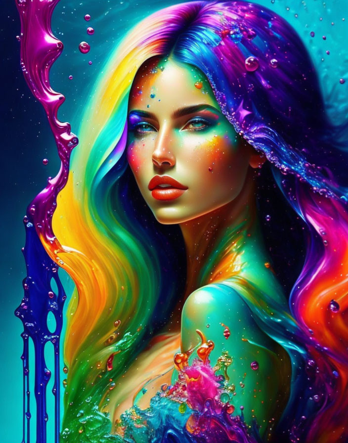 Colorful artwork featuring woman with multicolored hair and melting paint splashes