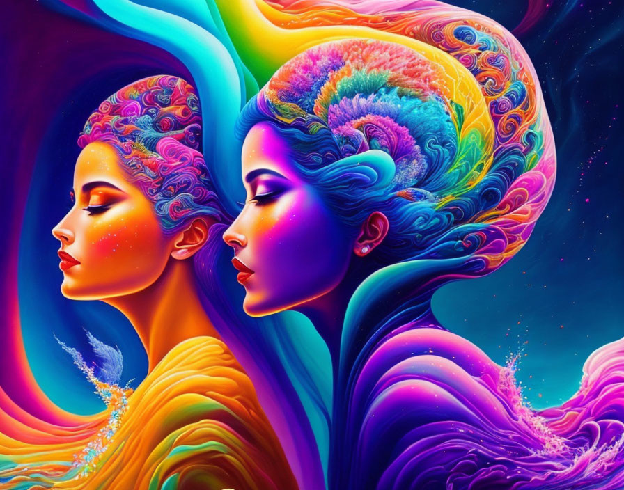 Colorful digital art: Two stylized female figures with swirling hair in abstract cosmic setting