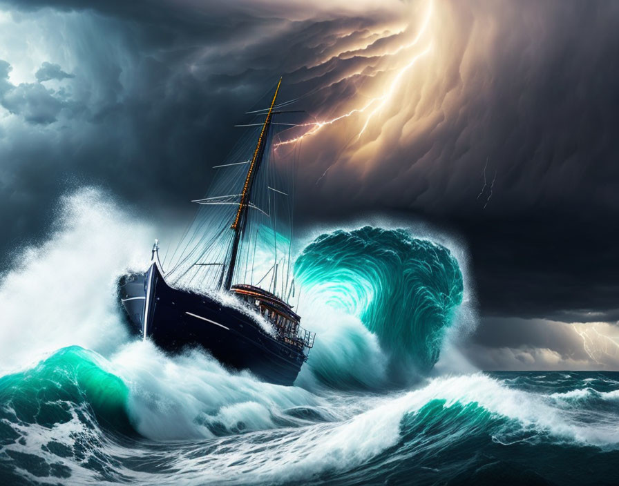 Stormy sky over ship in towering waves