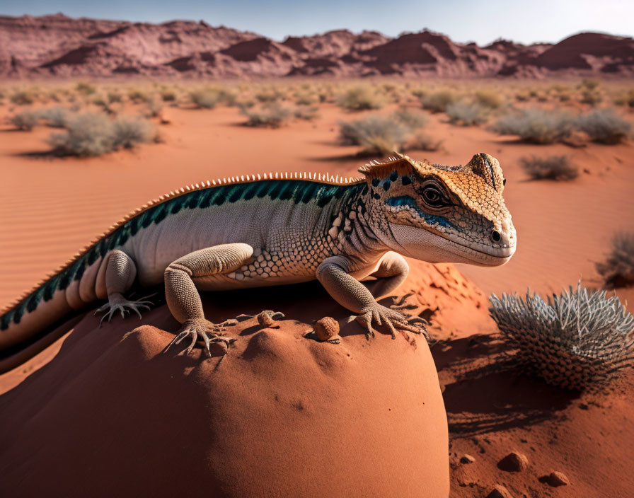 Vibrant lizard on red sand dune with hills in background