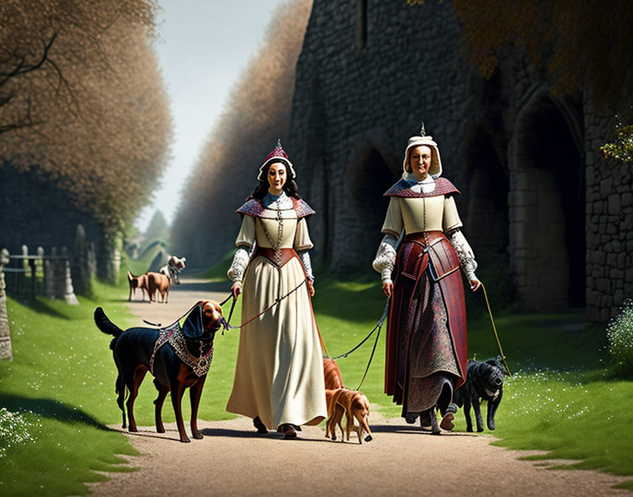 Medieval women walking dogs in castle surroundings