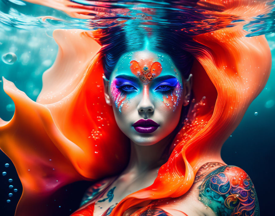 Vibrant body paint woman with red hair submerged in water