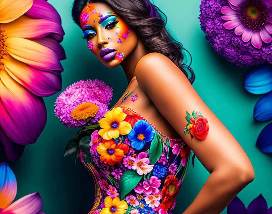 Vibrant floral makeup woman in colorful dress among vivid flowers