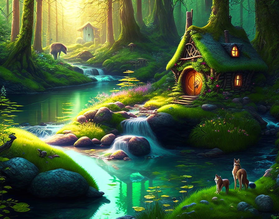 Illustration of quaint cottage in lush forest with stream, flora, deer, and foxes