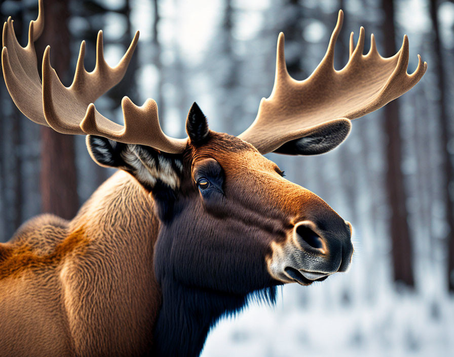 Majestic moose with large antlers in snowy forest scene