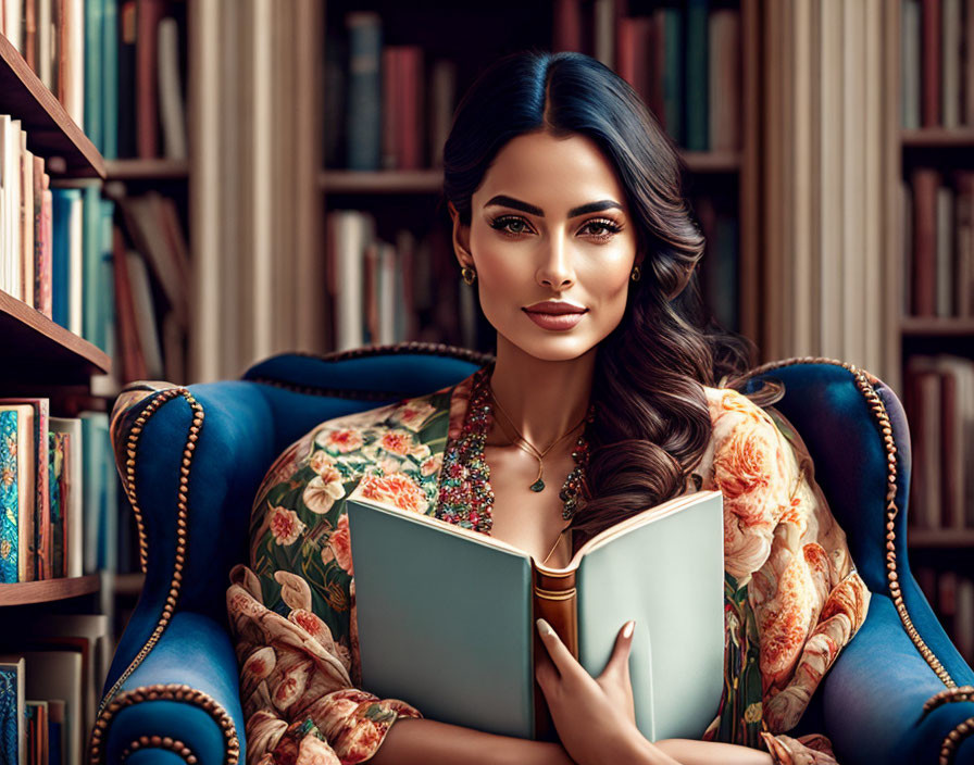 Woman in blue armchair with open book, surrounded by shelves of books.