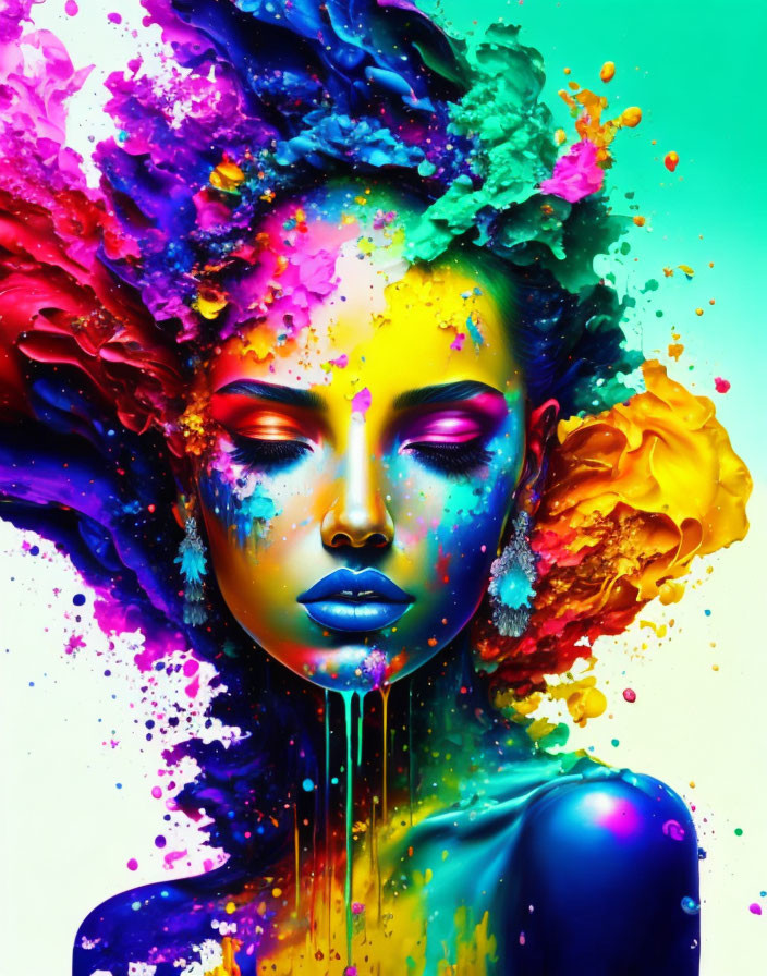 Colorful digital artwork of woman with paint splashes and drips