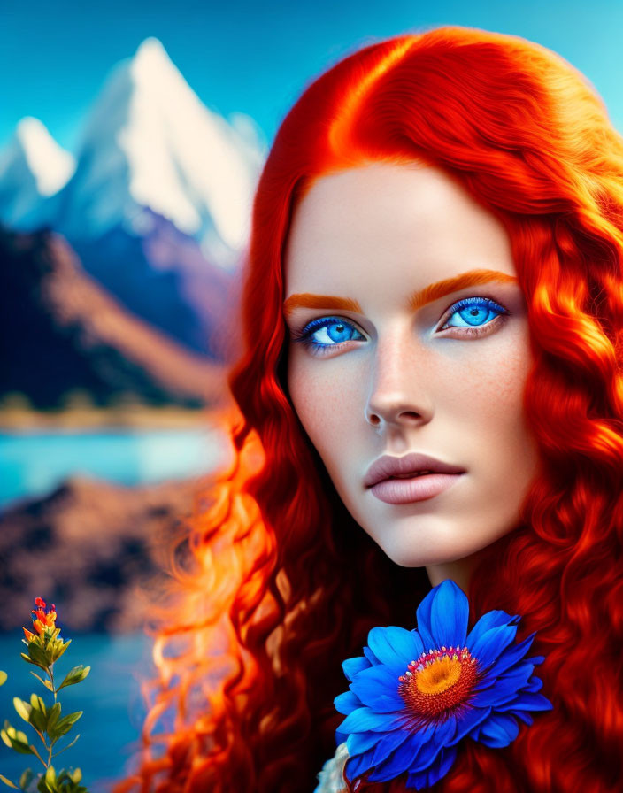 Woman with Red Hair and Blue Eyes Holding Blue Flower in Mountain and Lake Setting