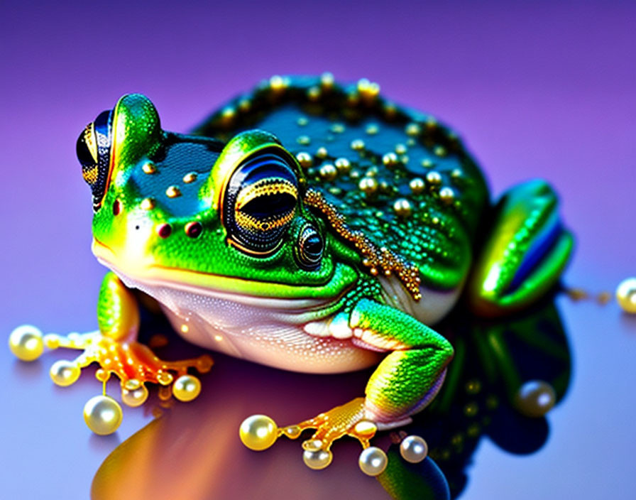 Vibrant Green and Blue Frog Among Pearls on Purple Background