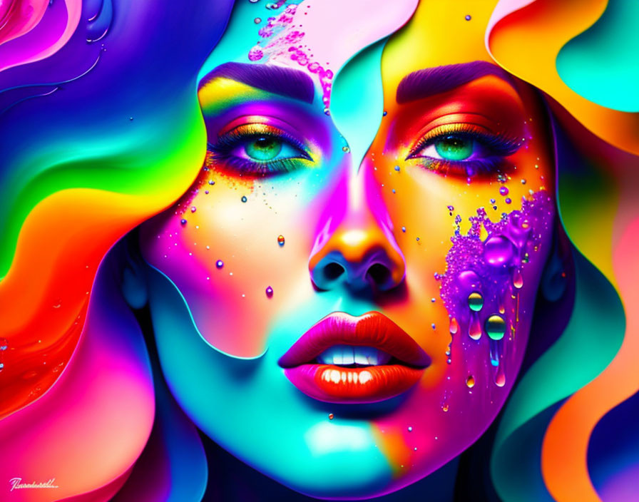 Abstract digital artwork: Woman's face with multicolored skin & liquid textures