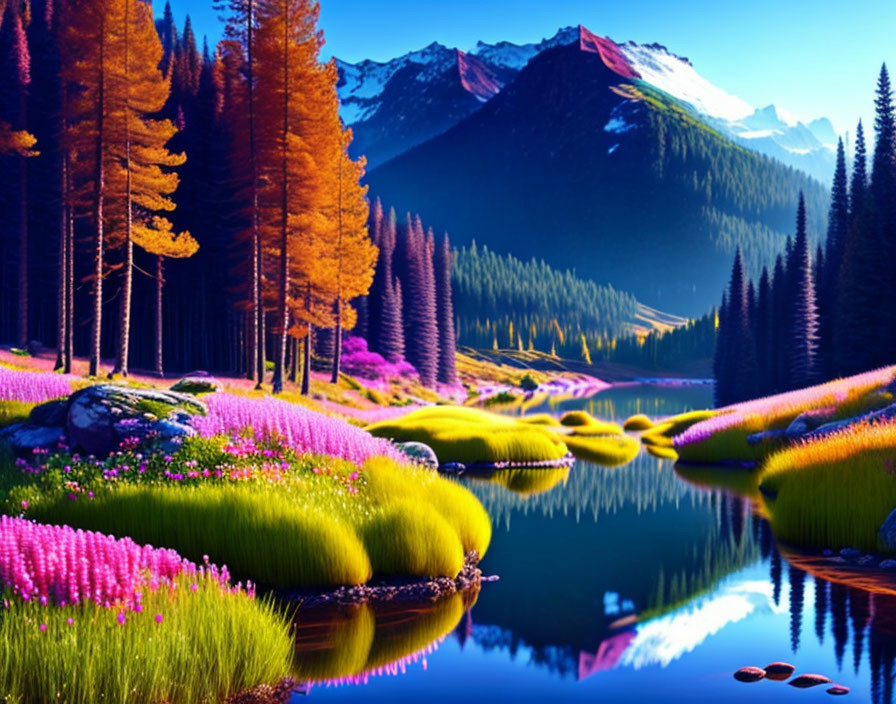 Scenic landscape with purple wildflowers, river, and mountains