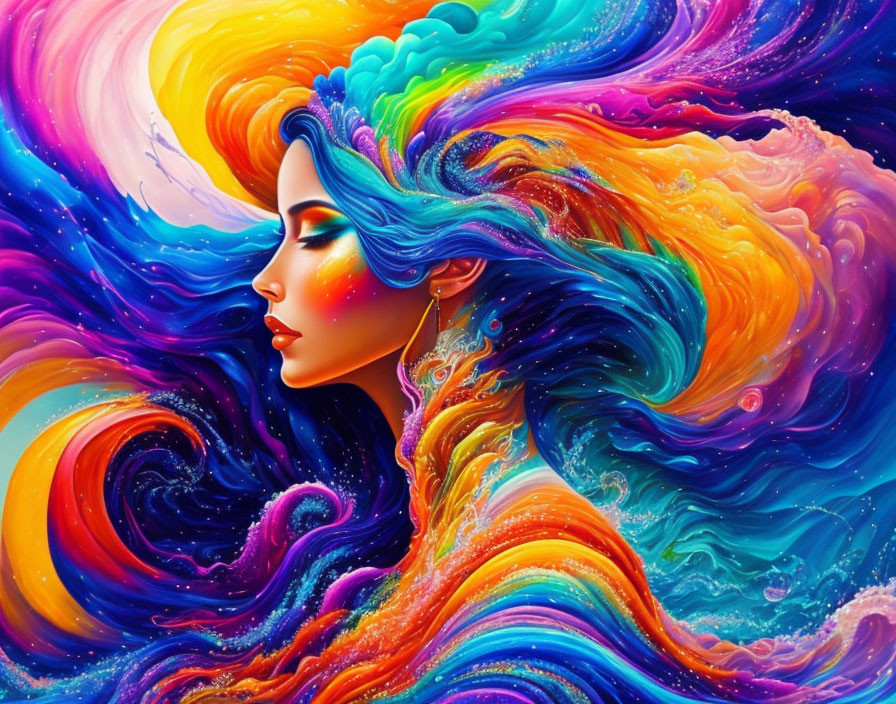 Colorful artwork: Woman with multicolored hair and abstract swirls