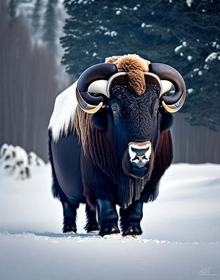 Majestic musk ox in snowy landscape with forest background