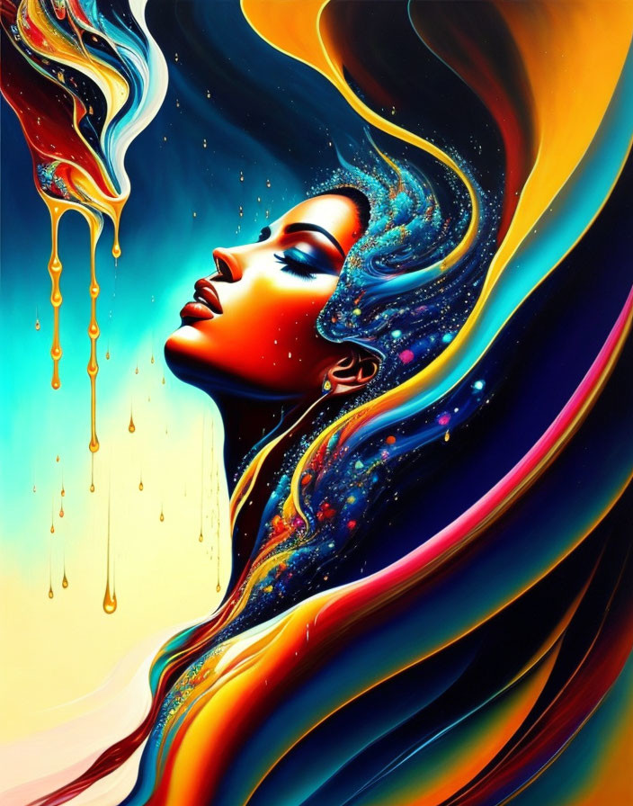 Colorful digital artwork: Woman with cosmic hair in abstract background