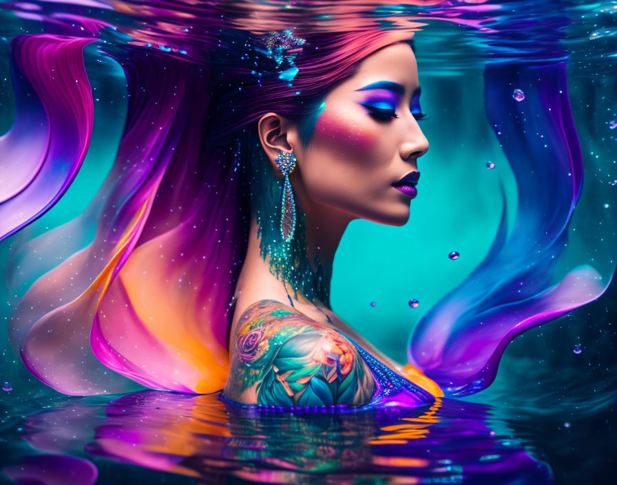 Colorful flowing hair and tattooed shoulder in vibrant underwater image