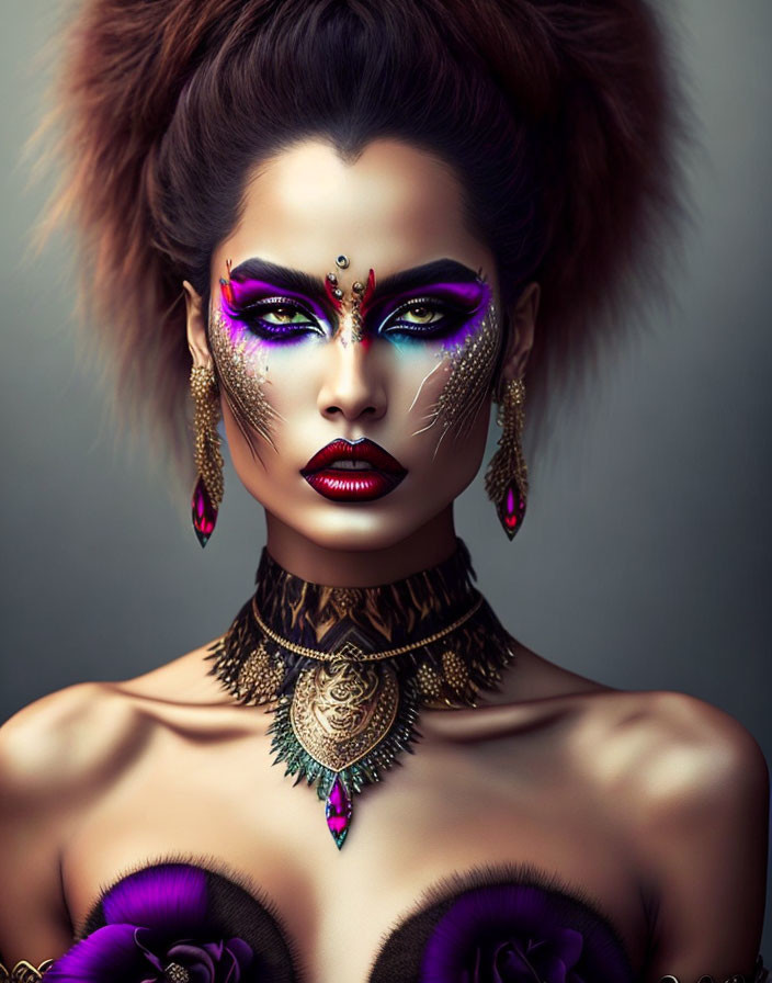 Vibrant purple eyeshadow and dramatic makeup portrait with face jewels