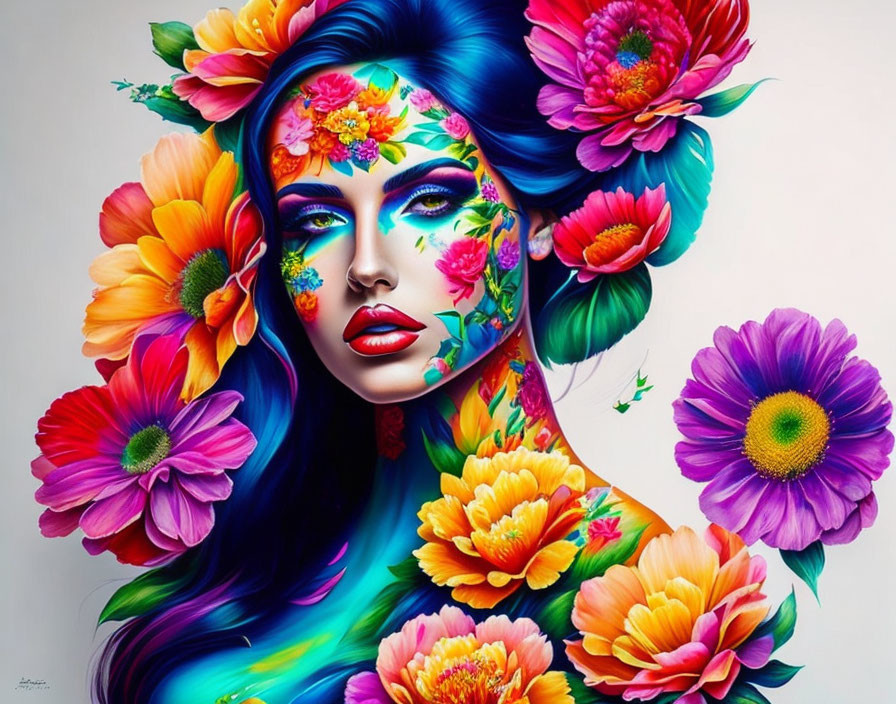 Colorful portrait of a woman with blue hair and floral face design surrounded by flowers.