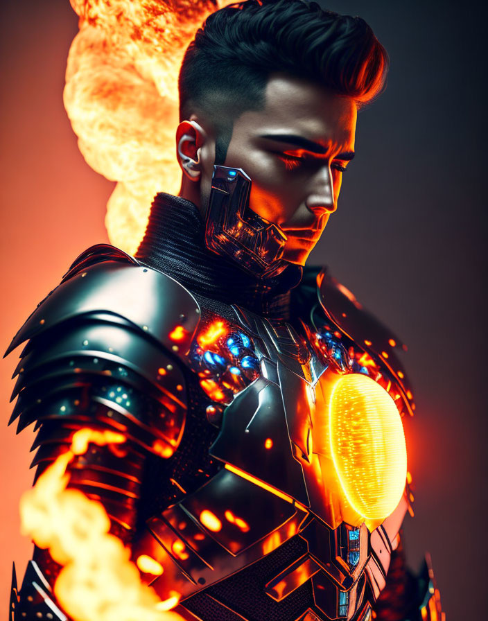 Futuristic warrior with glowing armor and cybernetic enhancements