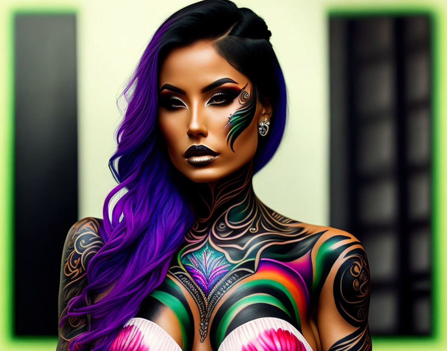 Colorful Digital Illustration of Woman with Purple Hair and Elaborate Tattoos