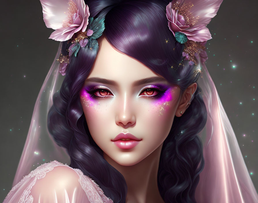 Violet-haired woman with purple eyes and floral accessories