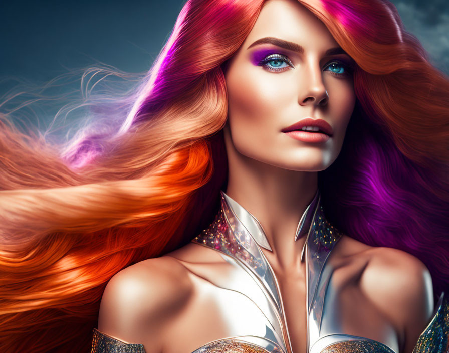 Multicolored hair and vibrant makeup on woman against blue backdrop