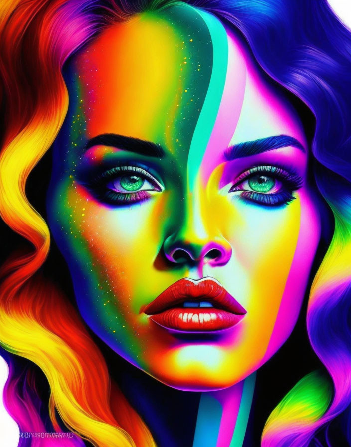 Multicolored digital portrait of a woman with striking makeup and colorful hair