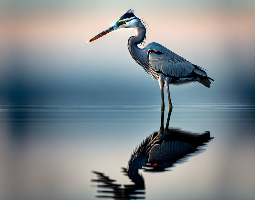 Heron Standing in Still Water with Perfect Reflection