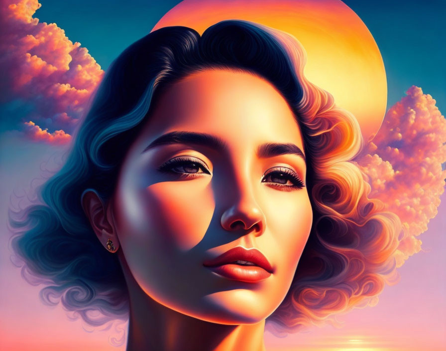 Colorful digital artwork: stylized woman against surreal sunset backdrop