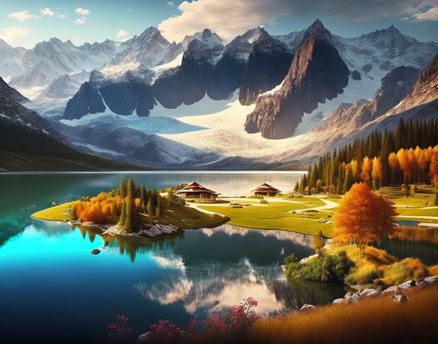 Tranquil autumn landscape with lake, cabins, mountains, and glaciers