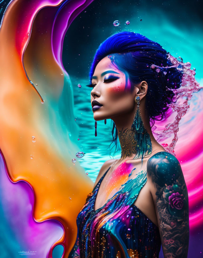 Vivid blue-haired woman with intricate tattoos in swirling backdrop