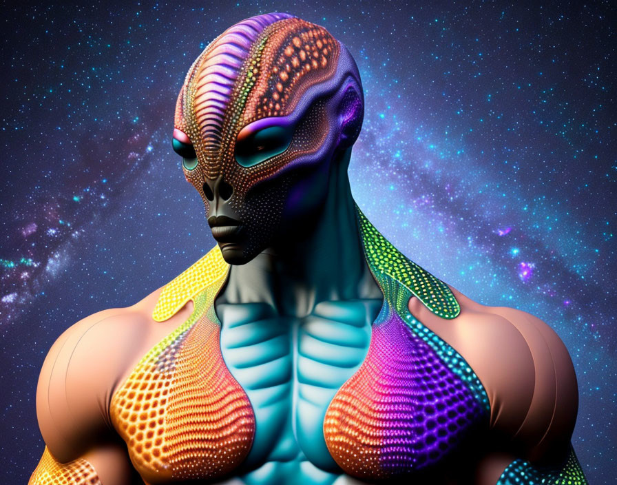 Vibrant digital artwork: Muscular humanoid with intricate patterns on cosmic background