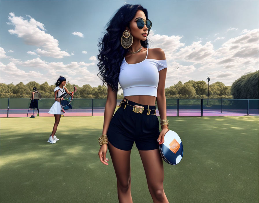 Fashionable woman with volleyball on tennis court, players in background