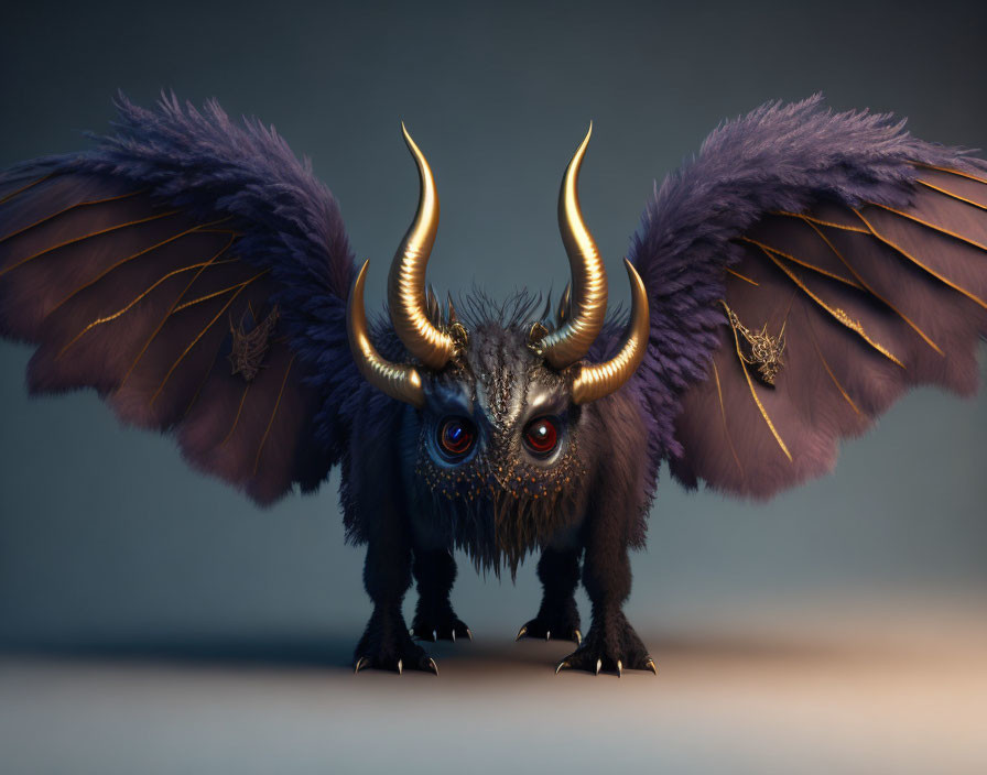 Mythical creature with golden horns, dark fur, red eyes, purple wings