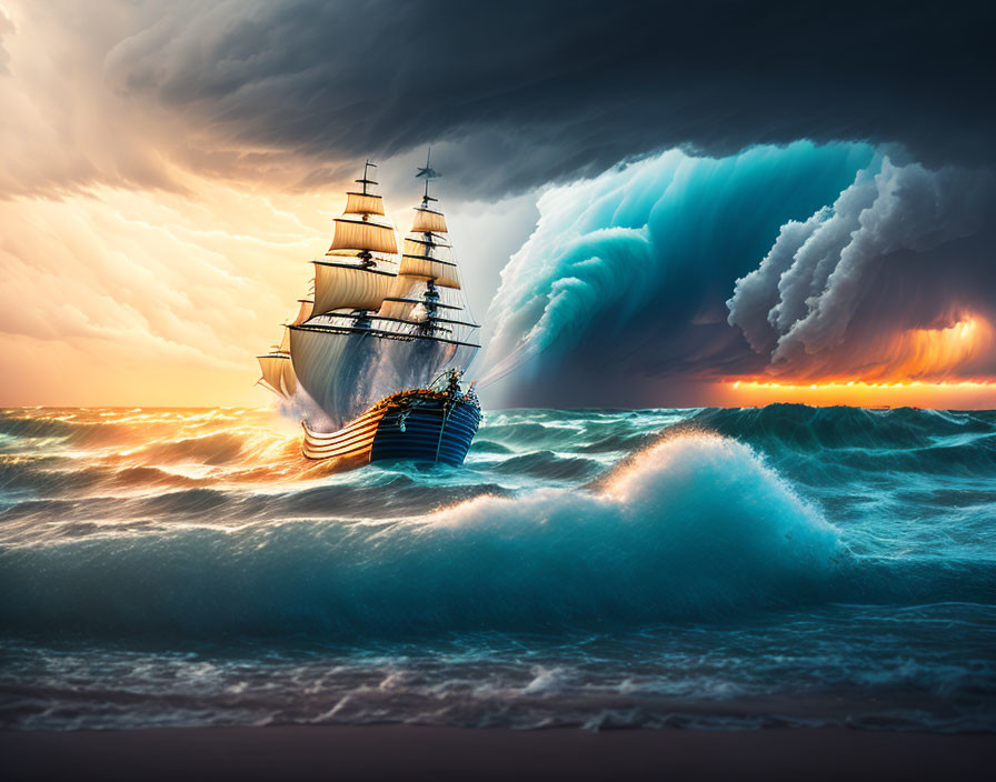 Tall ship sailing on turbulent seas under dramatic storm cloud