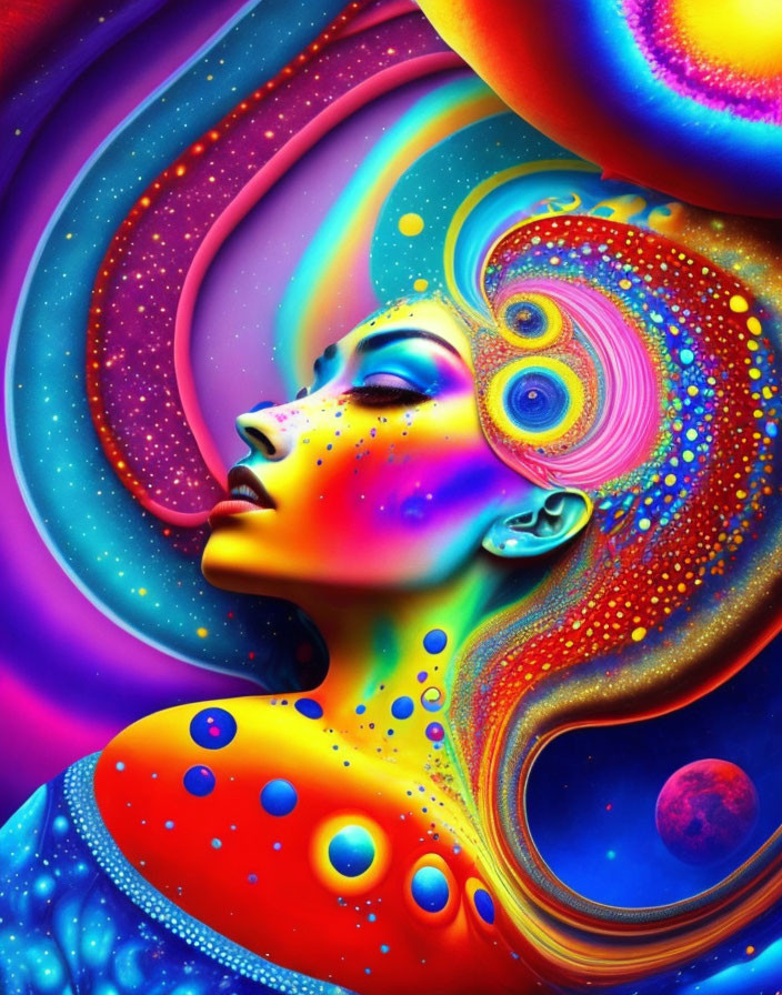 Colorful digital artwork of a woman's profile with swirling psychedelic patterns and cosmic elements