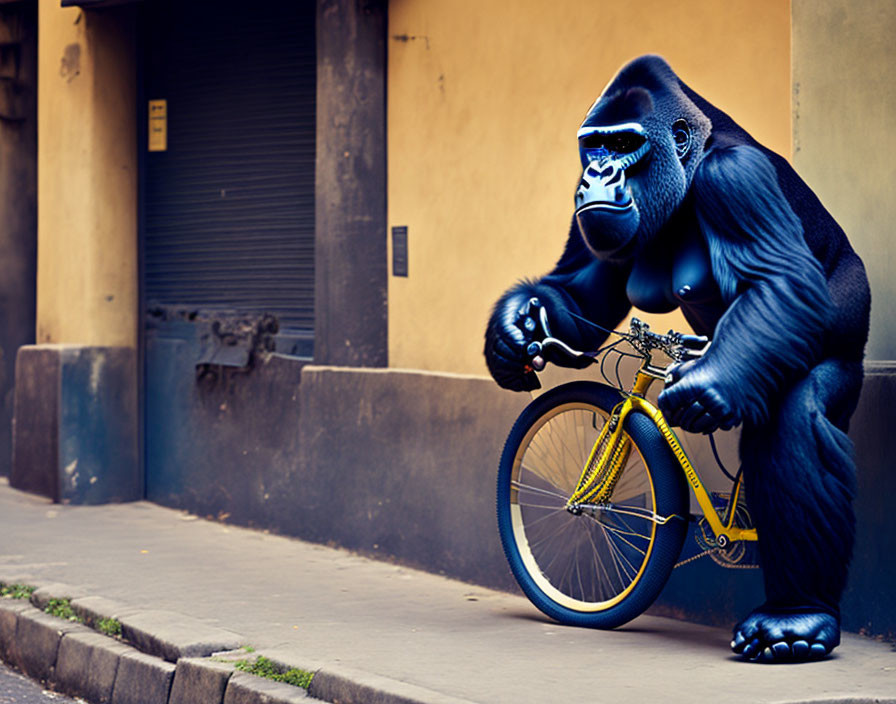 Surreal digital artwork of gorilla on yellow bicycle in city street