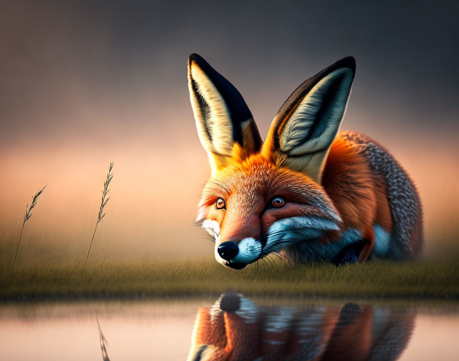 Fox with large ears resting by water in serene setting