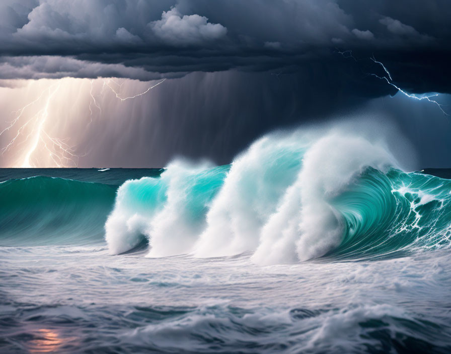 Stormy sea with large curling wave under dark sky.