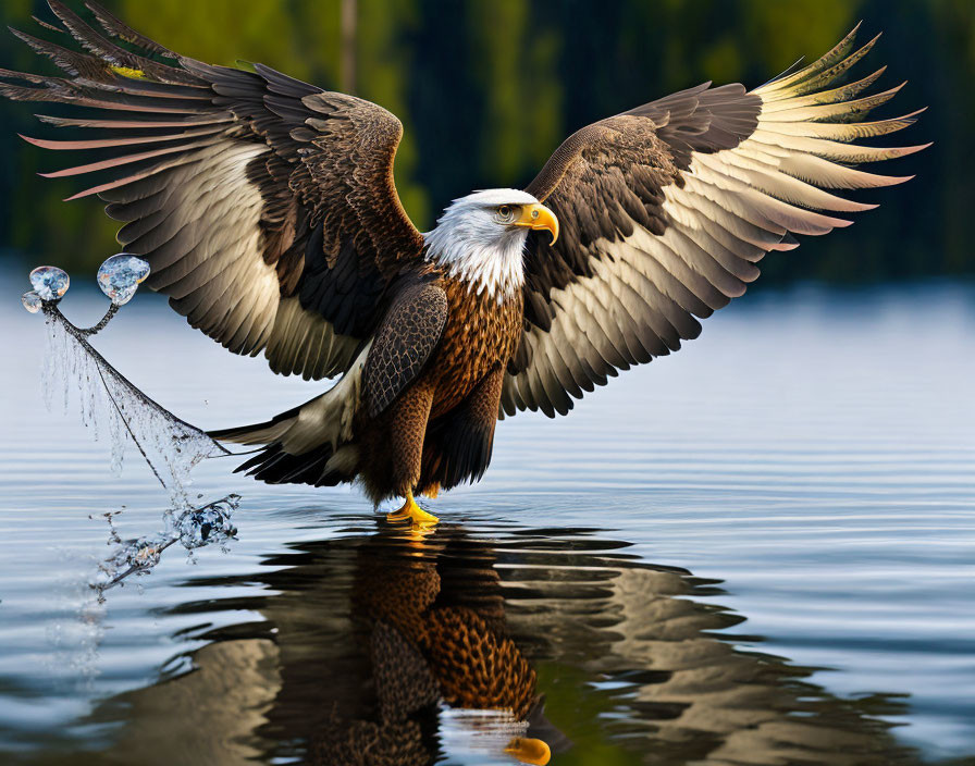 Bald eagle with spread wings in water with lush greenery reflection