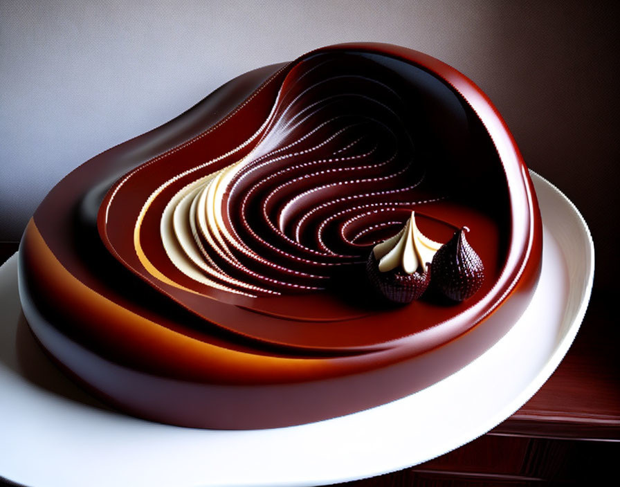 Abstract Chocolate Dessert with Swirling Layers and Delicate Garnishes