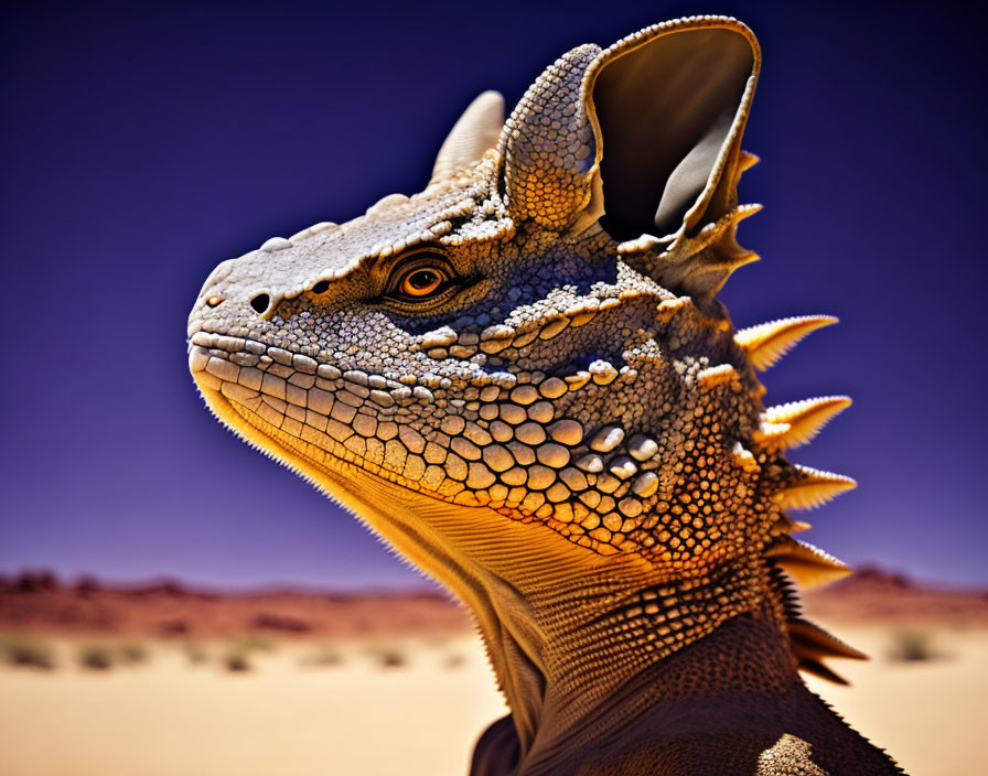 Detailed close-up of realistic iguana head with sharp spikes and textured scales in desert setting