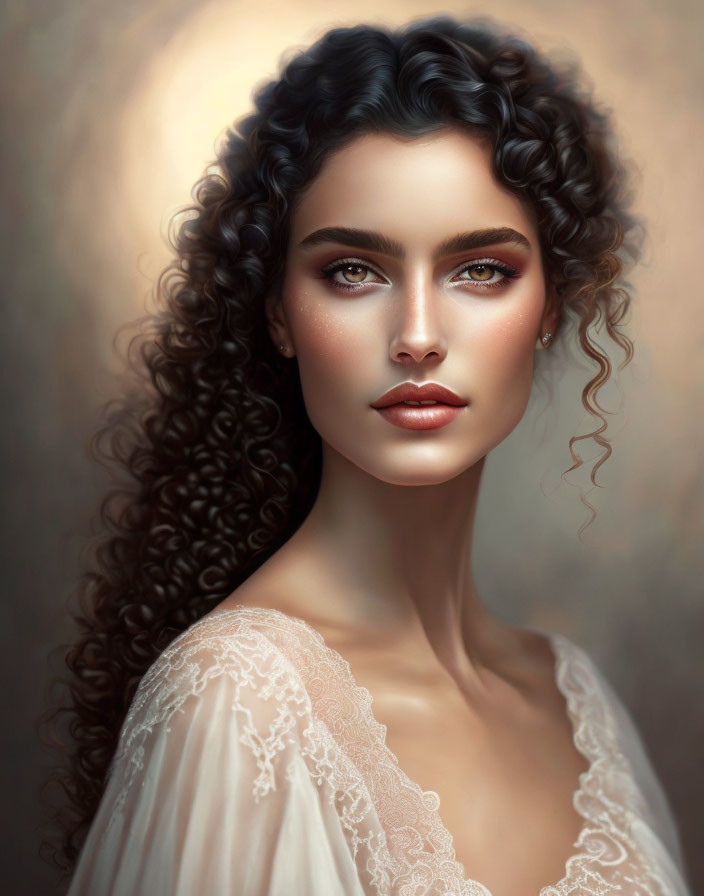 Portrait of Woman with Curly Hair and Intense Eyes in Lace Top