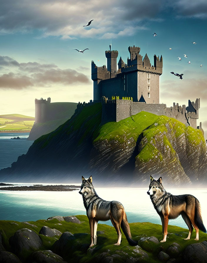 Wolves on rocky foreground with castle overlooking sea