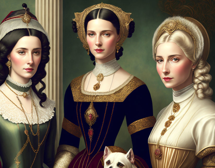 Three women in historical dresses with elaborate hairstyles and jewelry, accompanied by a small white dog