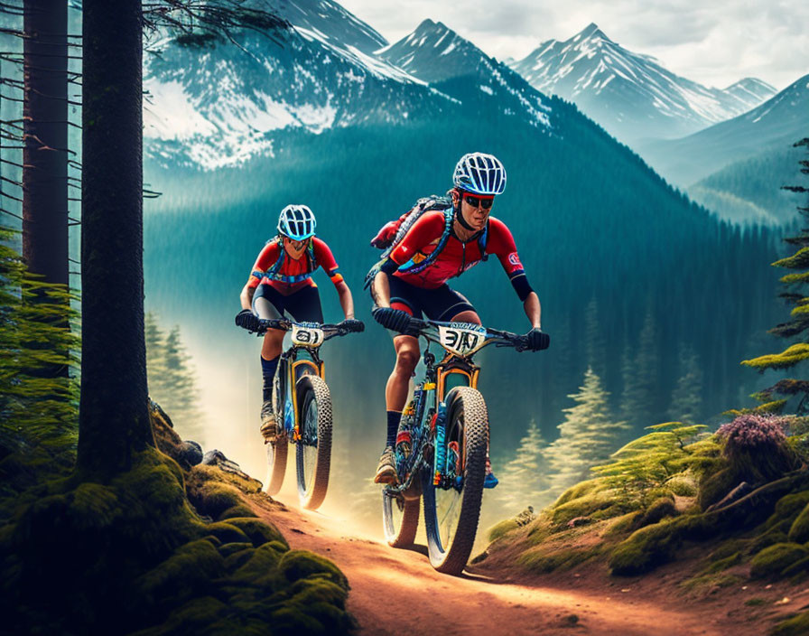 Mountain bikers racing on forest trail with snow-capped mountains