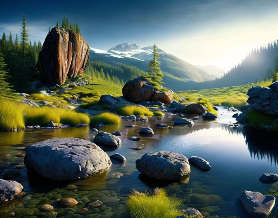 Tranquil river landscape with green hills, pine trees, and snow-capped mountain