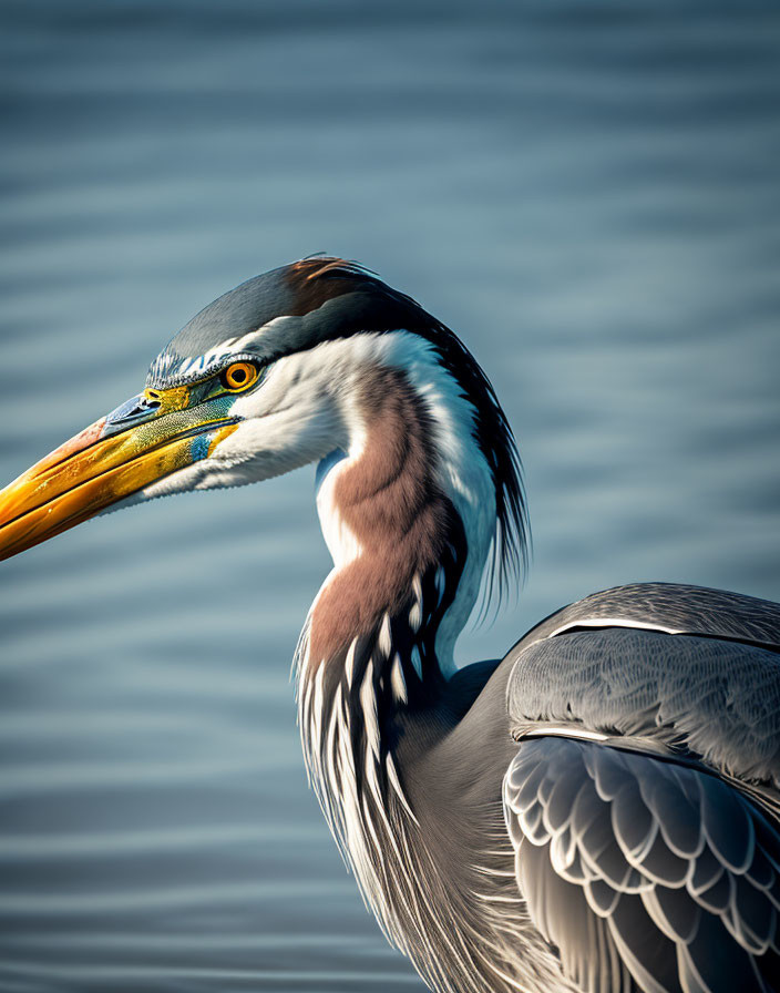 Detailed Great Blue Heron plumage and intense eyes in close-up shot.