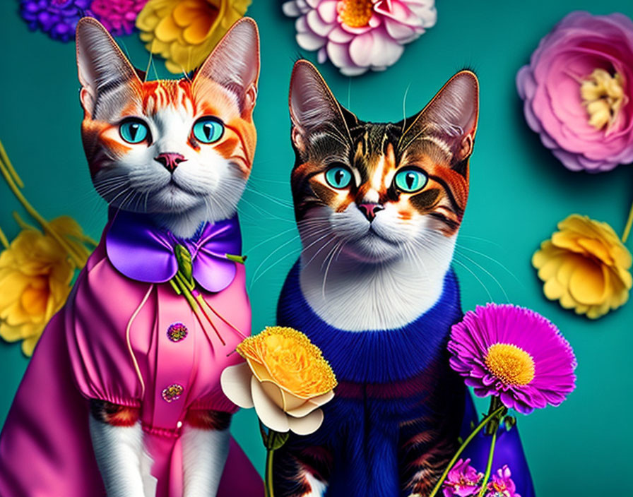 Illustrated cats in colorful clothes among vibrant flowers on teal background