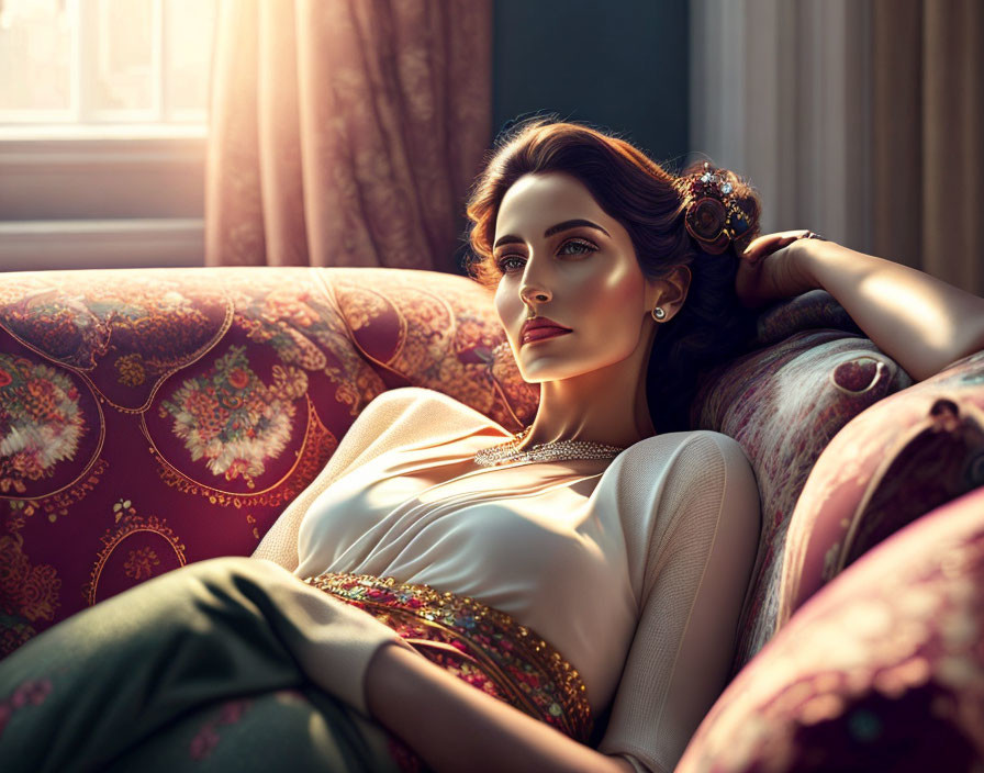 Elegant woman lounging on vintage sofa in warm sunlight